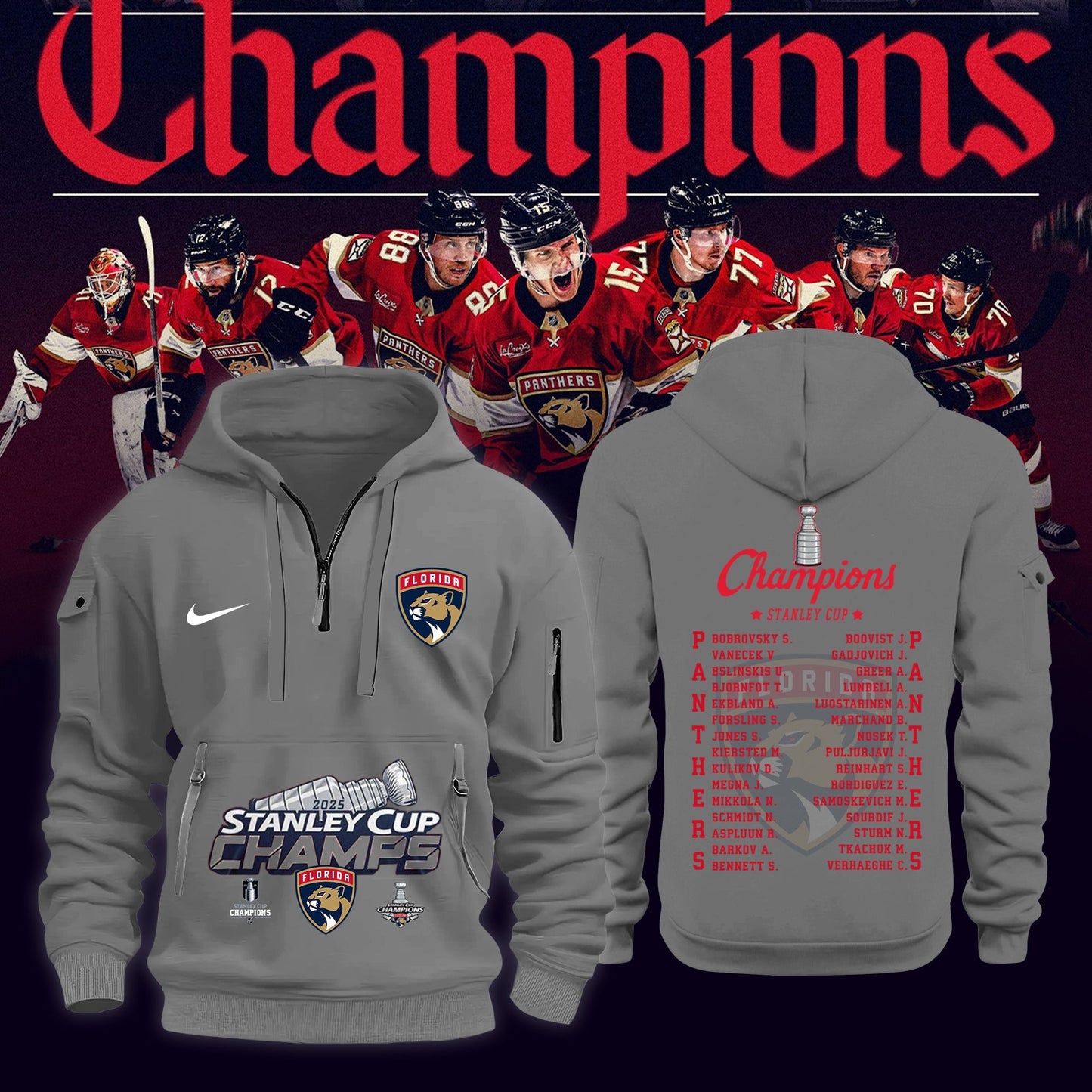Florida Panthers Back To Back Champions Stanley Cup Half Zip Hoodie 2025