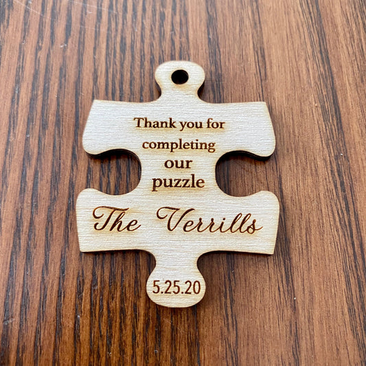 Wooden Puzzle Piece Wedding Favor - Laser Engraved with Name, Date, & Optional Magnet