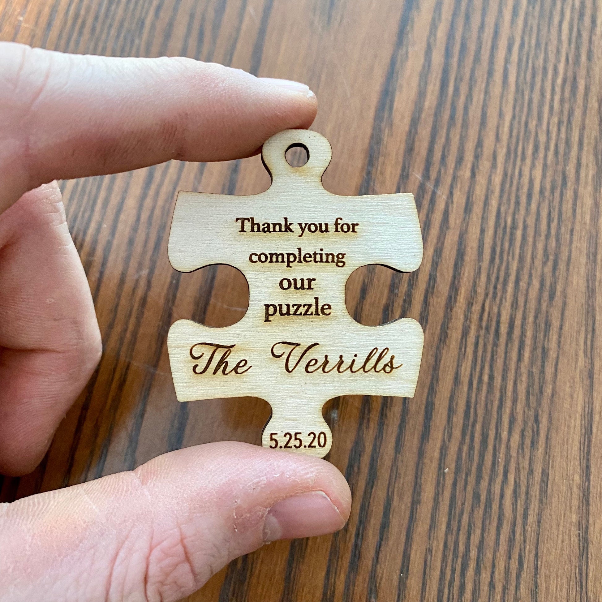 Wooden Puzzle Piece Wedding Favor - Laser Engraved with Name, Date, & Optional Magnet