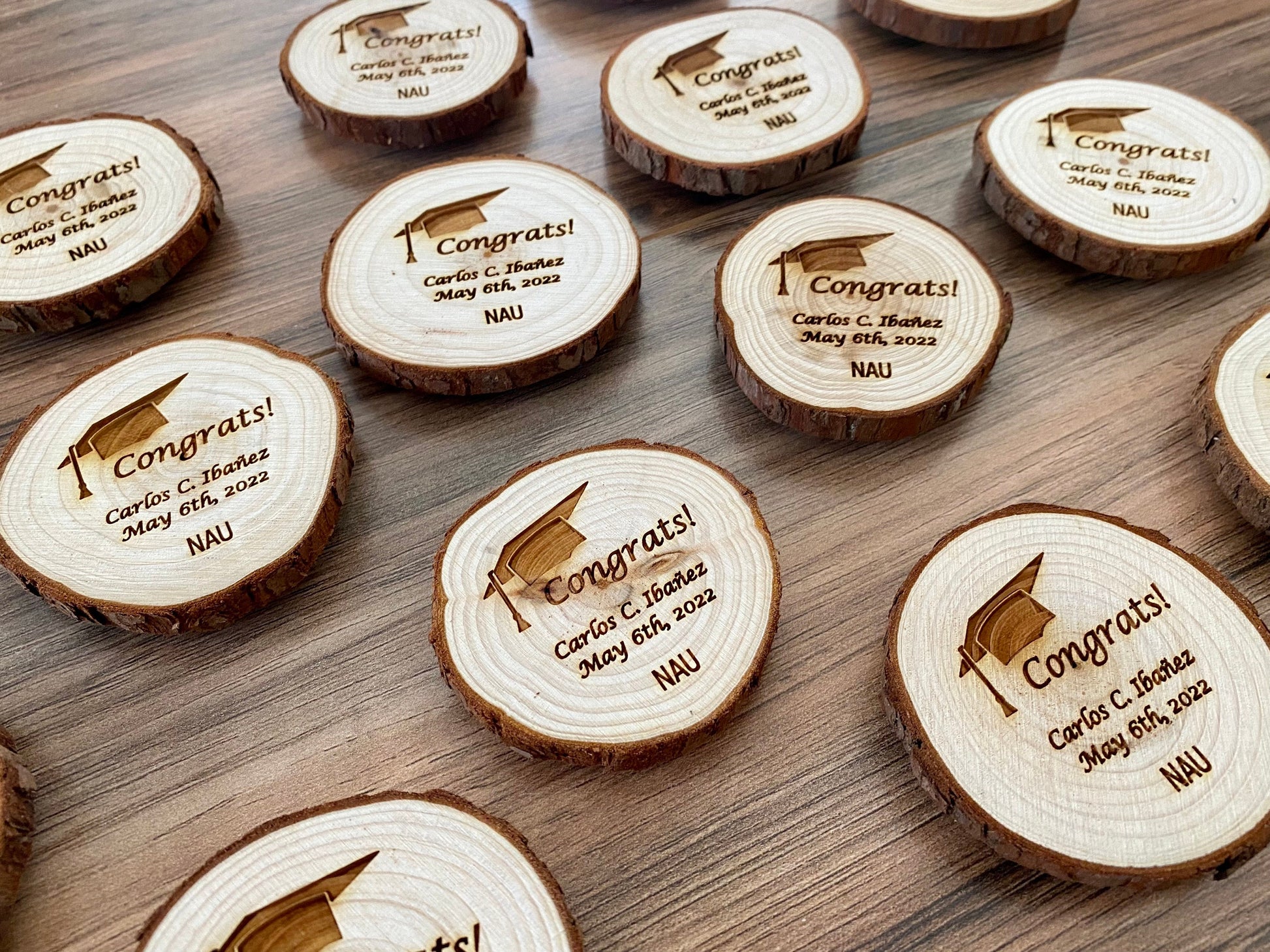 Wooden Graduation Favor or Save The Date - Laser Engraved Wood Slice with Name, Graduation Year, & Magnet