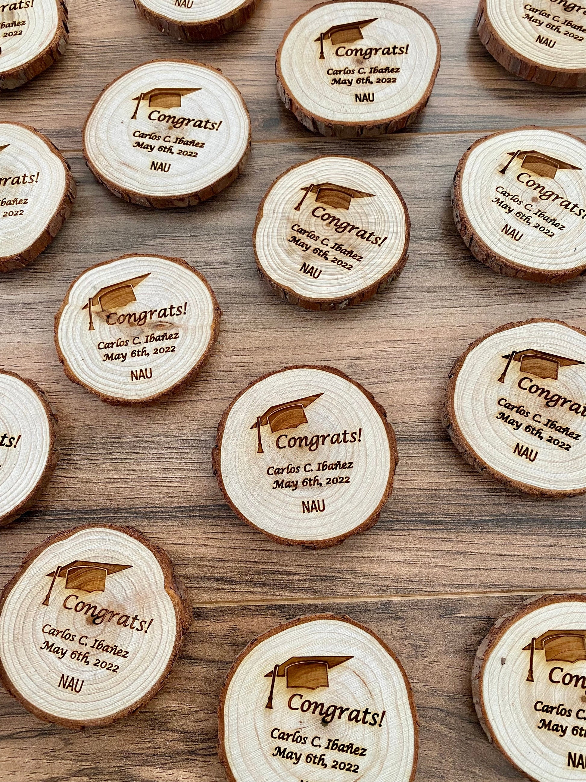 Wooden Graduation Favor or Save The Date - Laser Engraved Wood Slice with Name, Graduation Year, & Magnet
