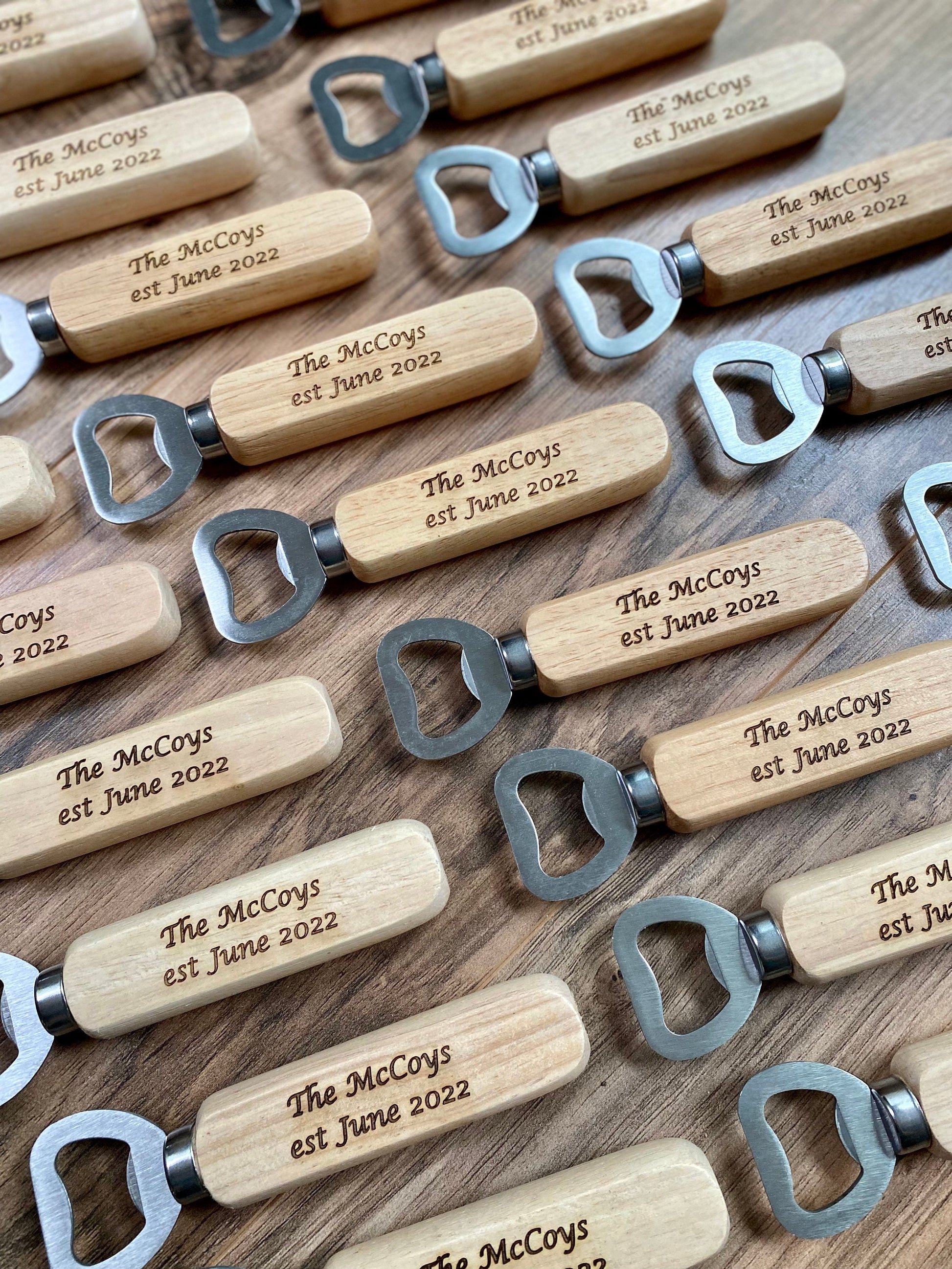 Wood Bottle Opener Wedding Favor - Laser Engraved with Names and Date - Stainless Steel and Wood Construction