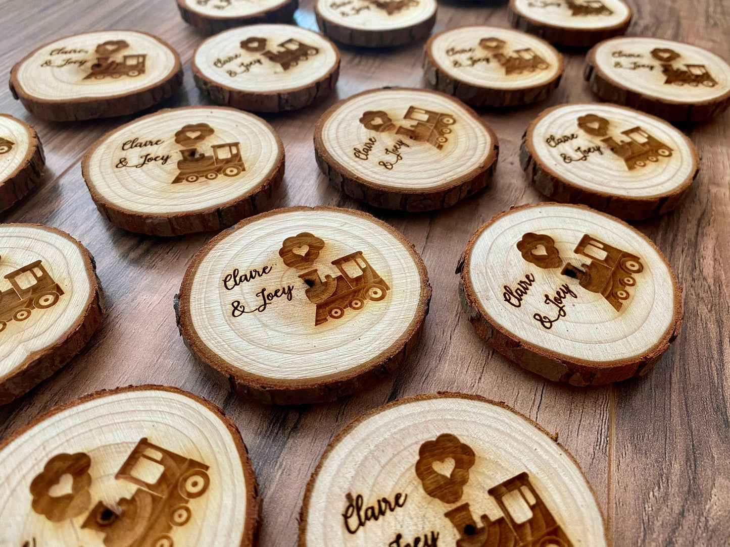 Engraved Wood Slice Wedding Favor or Save The Date - Laser Engraved with Train, Names, & Magnet