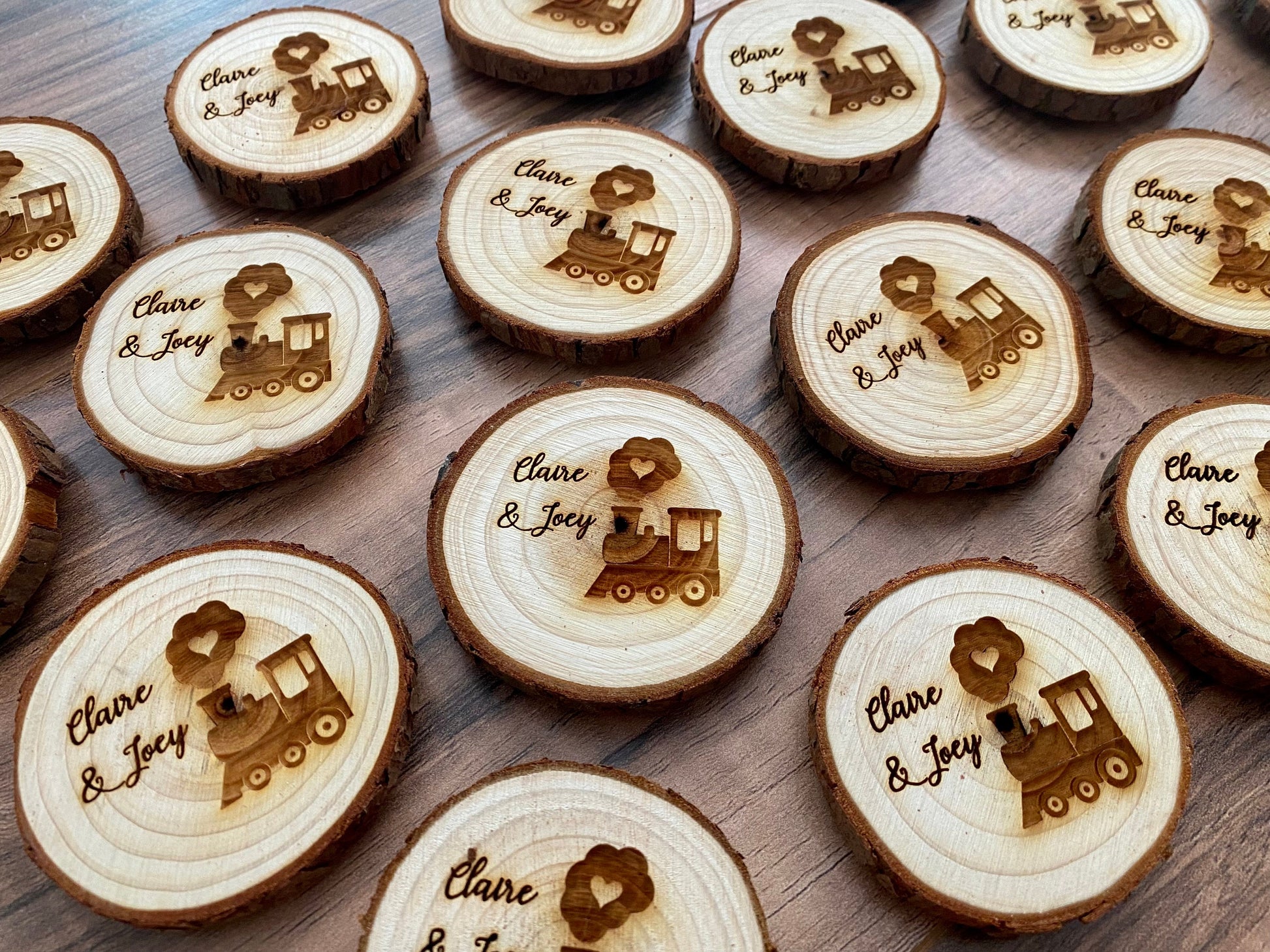 Engraved Wood Slice Wedding Favor or Save The Date - Laser Engraved with Train, Names, & Magnet