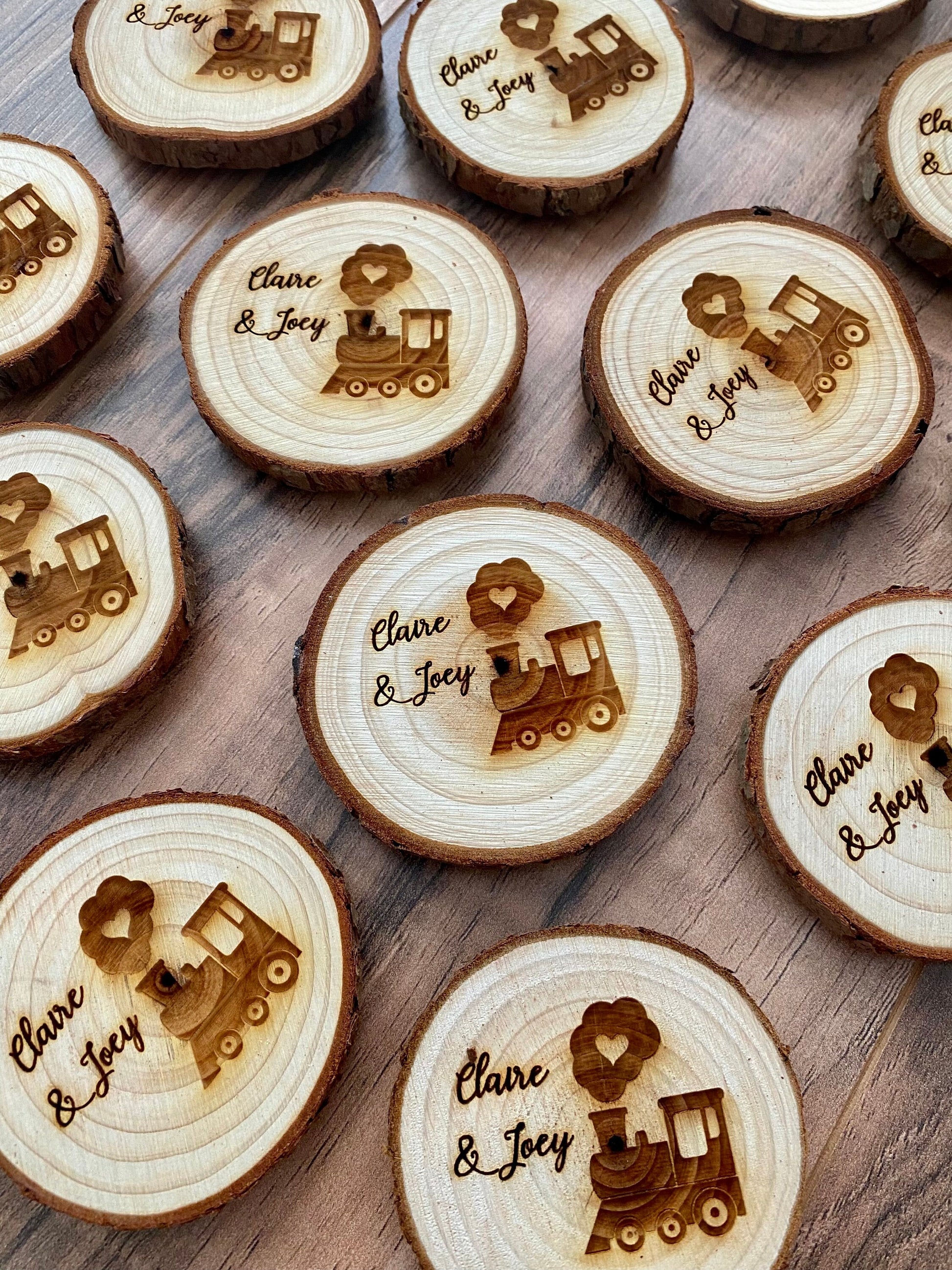 Engraved Wood Slice Wedding Favor or Save The Date - Laser Engraved with Train, Names, & Magnet