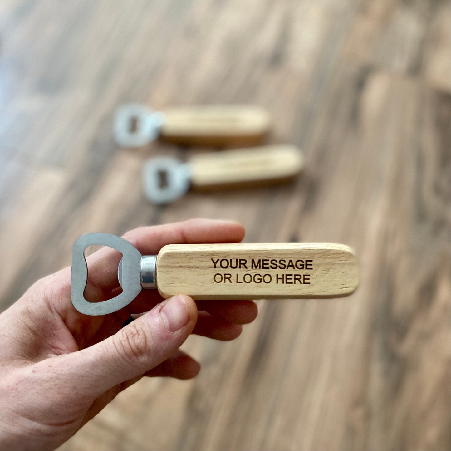 Engraved Wood Bottle Opener - Laser Engraved with Custom Message or Logo - Stainless Steel and Wood Construction