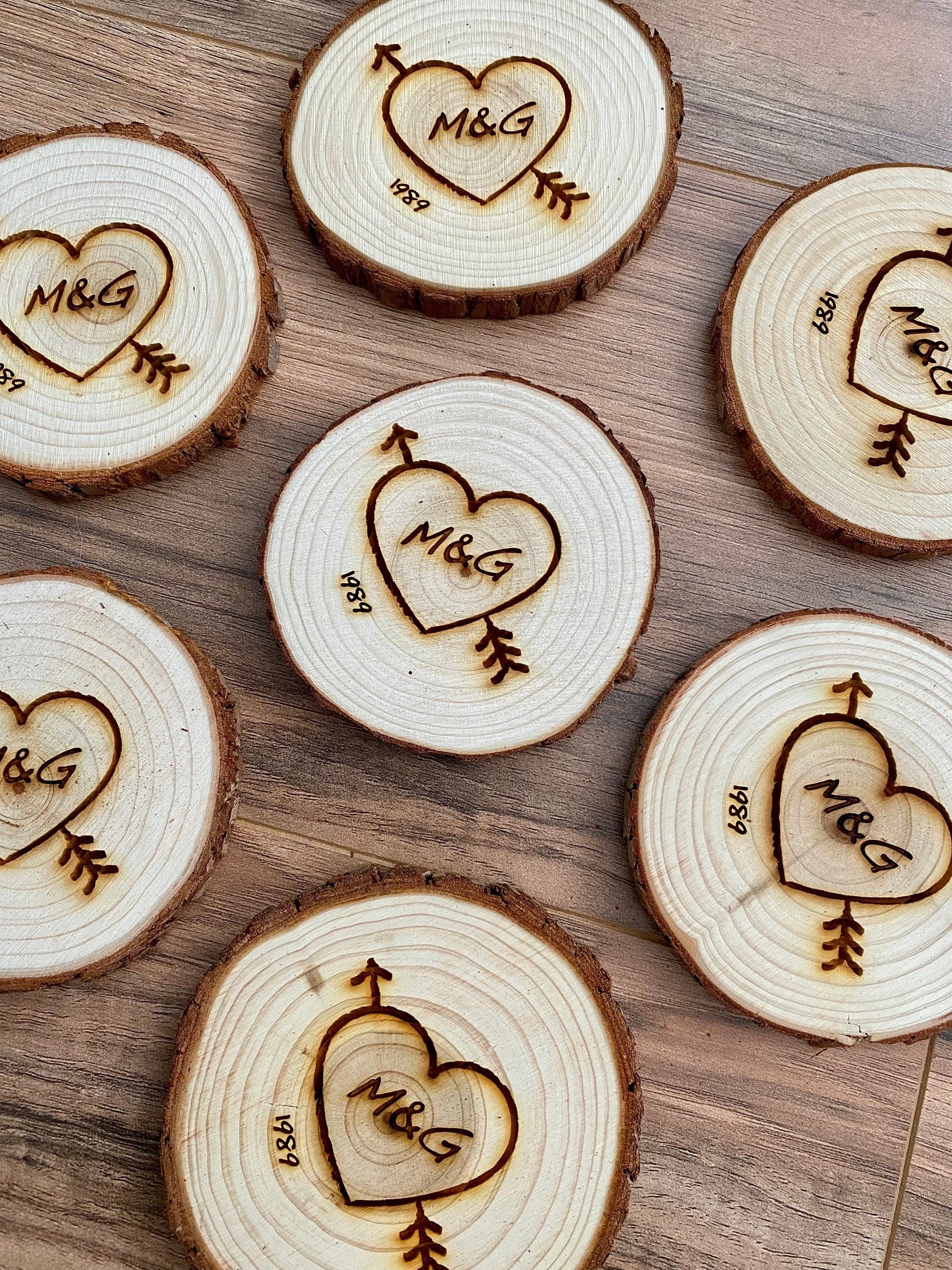 Custom Wood Slice Wedding Favors - Laser Engraved with Heart, Couple's Initials, & Wedding Date or Year.