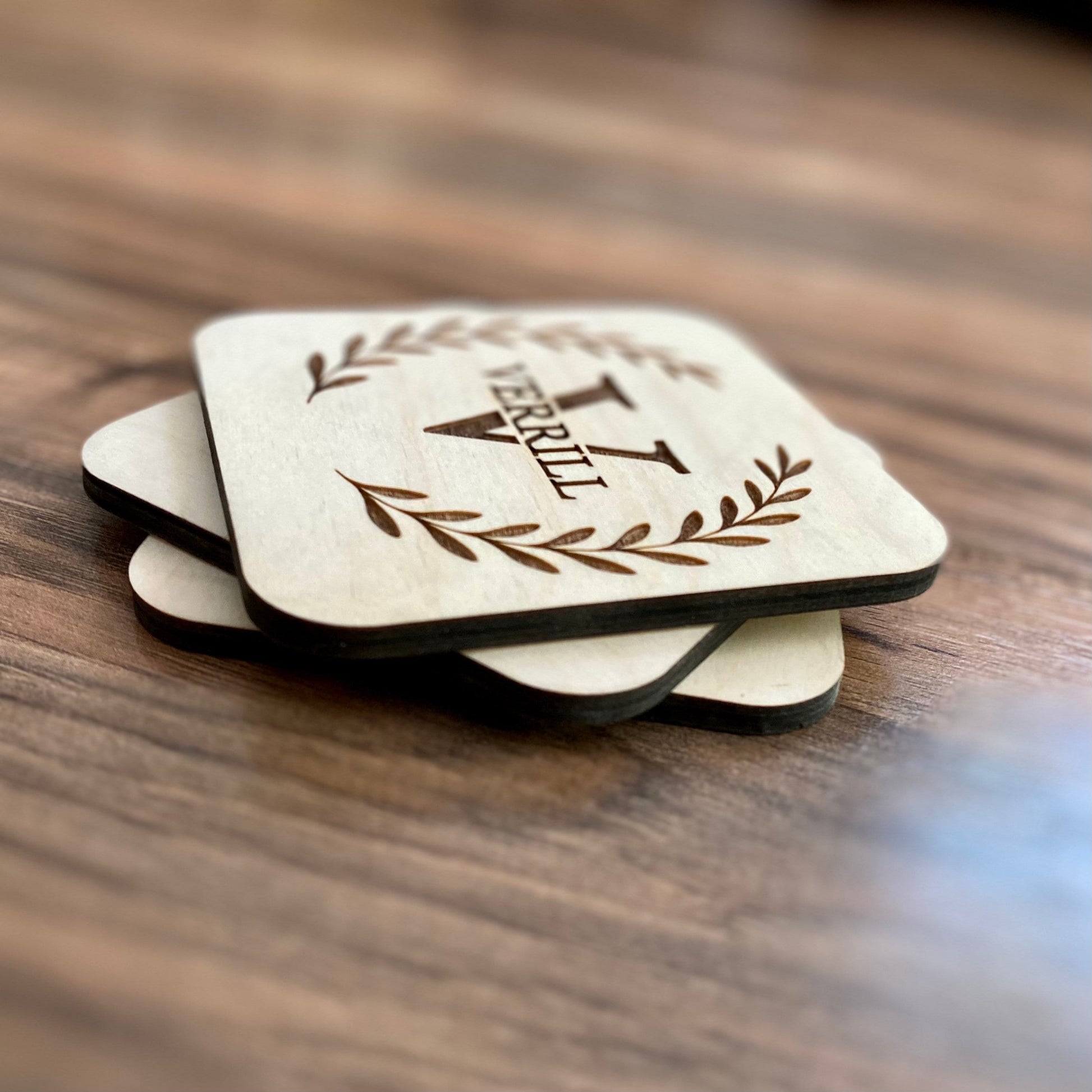 Engraved Monogram Wood Coaster Set - Engraved Family Name Coasters - Perfect Wedding Gift
