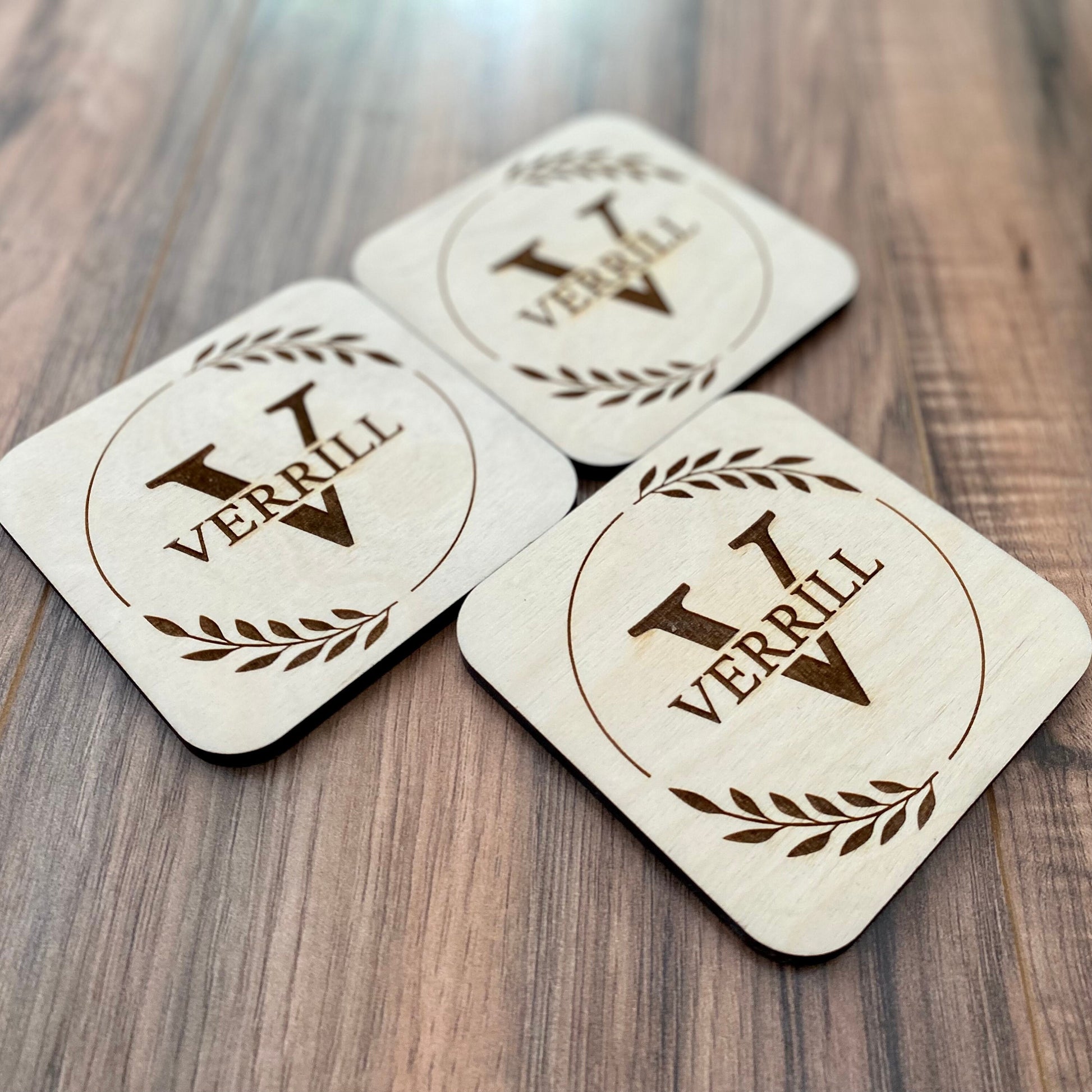 Engraved Monogram Wood Coaster Set - Engraved Family Name Coasters - Perfect Engagement Gift