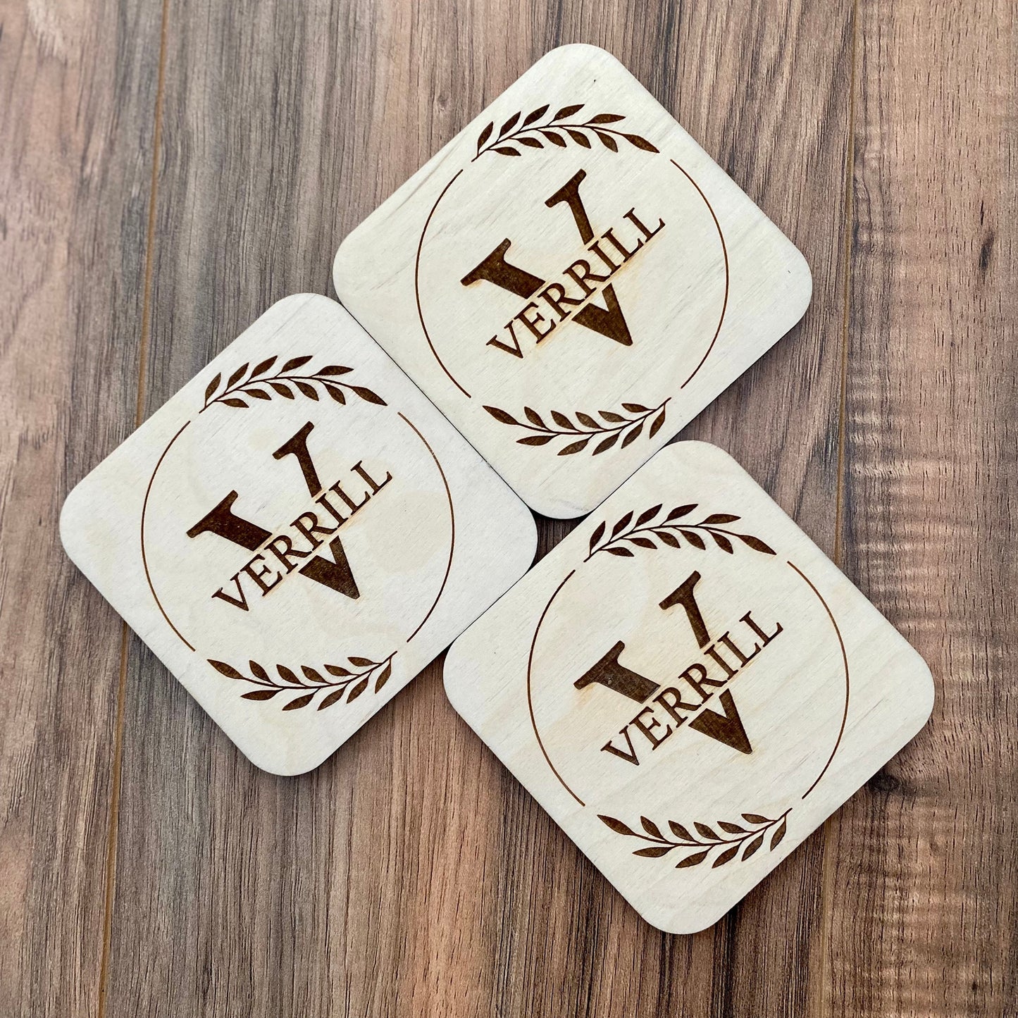 Engraved Monogram Wood Coaster Set - Engraved Family Name Coasters - Perfect Engagement Gift