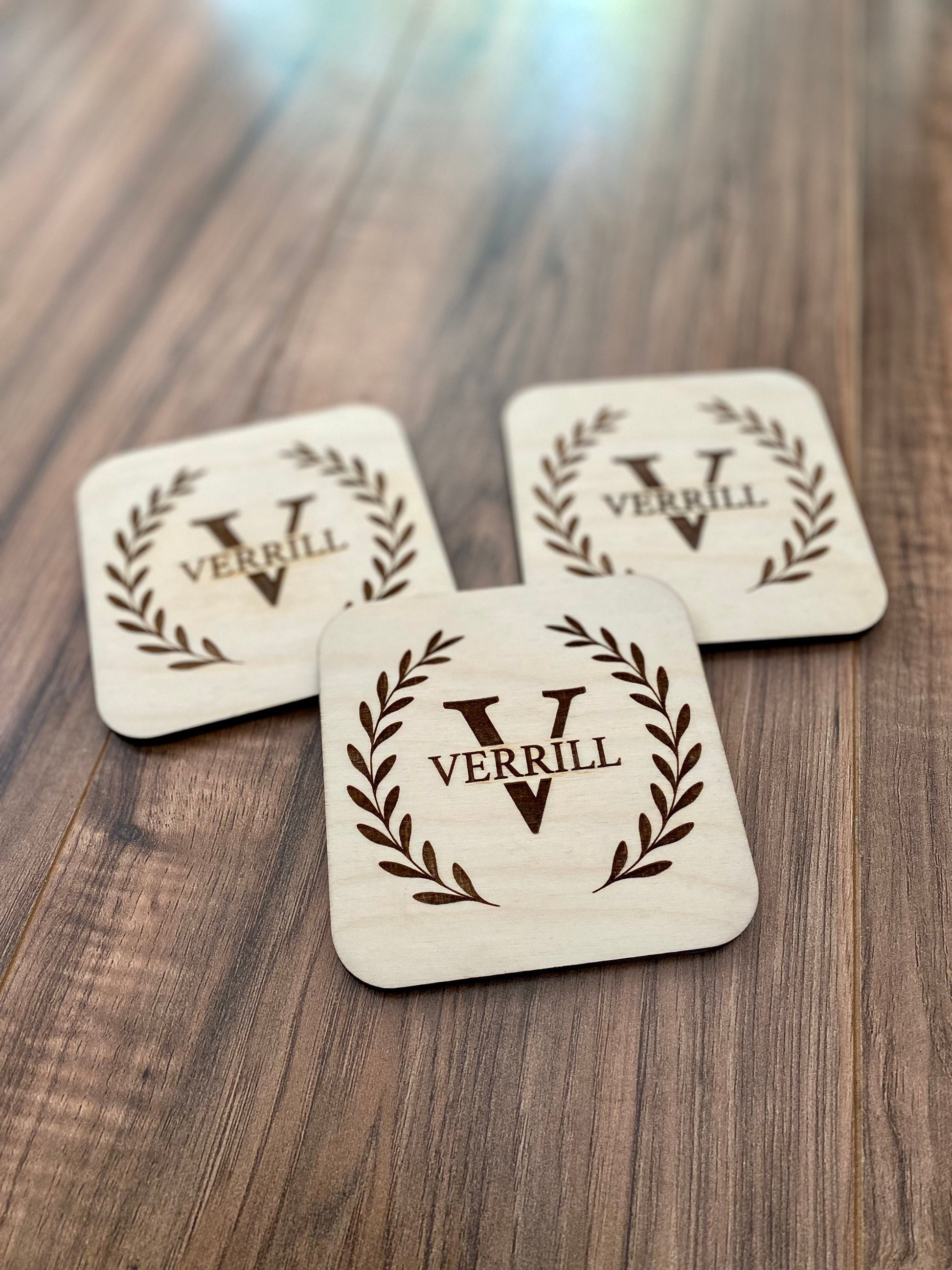 Engraved Monogram Wood Coaster Set - Engraved Family Name Coasters - Perfect Wedding Gift