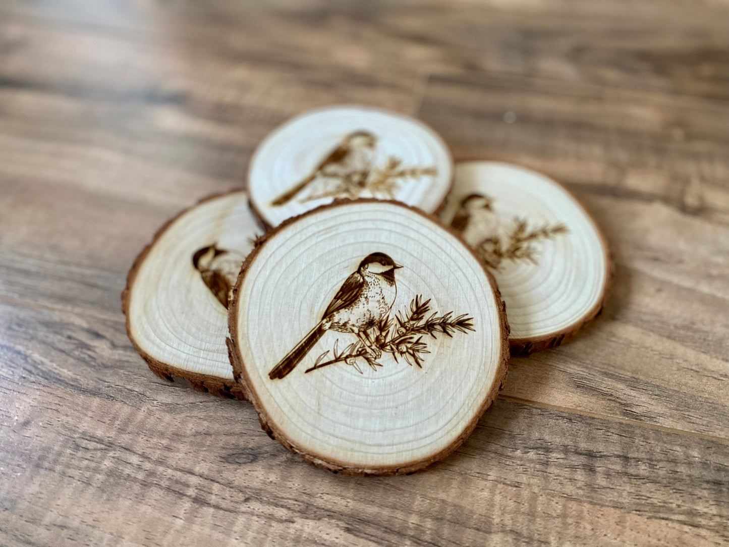 Chickadee Engraved Wood Coaster Set - Perfect Gift for Wedding, Engagement, Anniversary, or Christmas