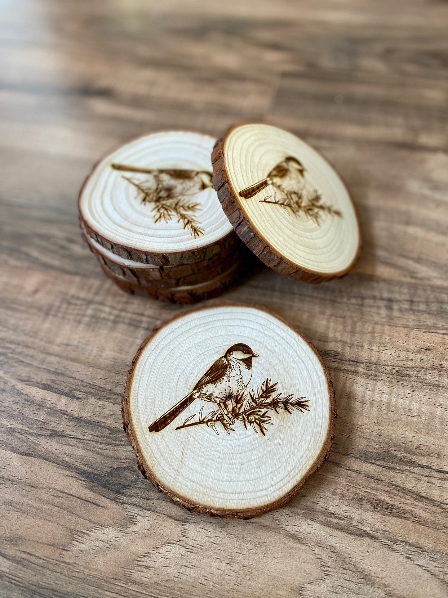 Chickadee Engraved Wood Coaster Set - Perfect Gift for Wedding, Engagement, Anniversary, or Christmas