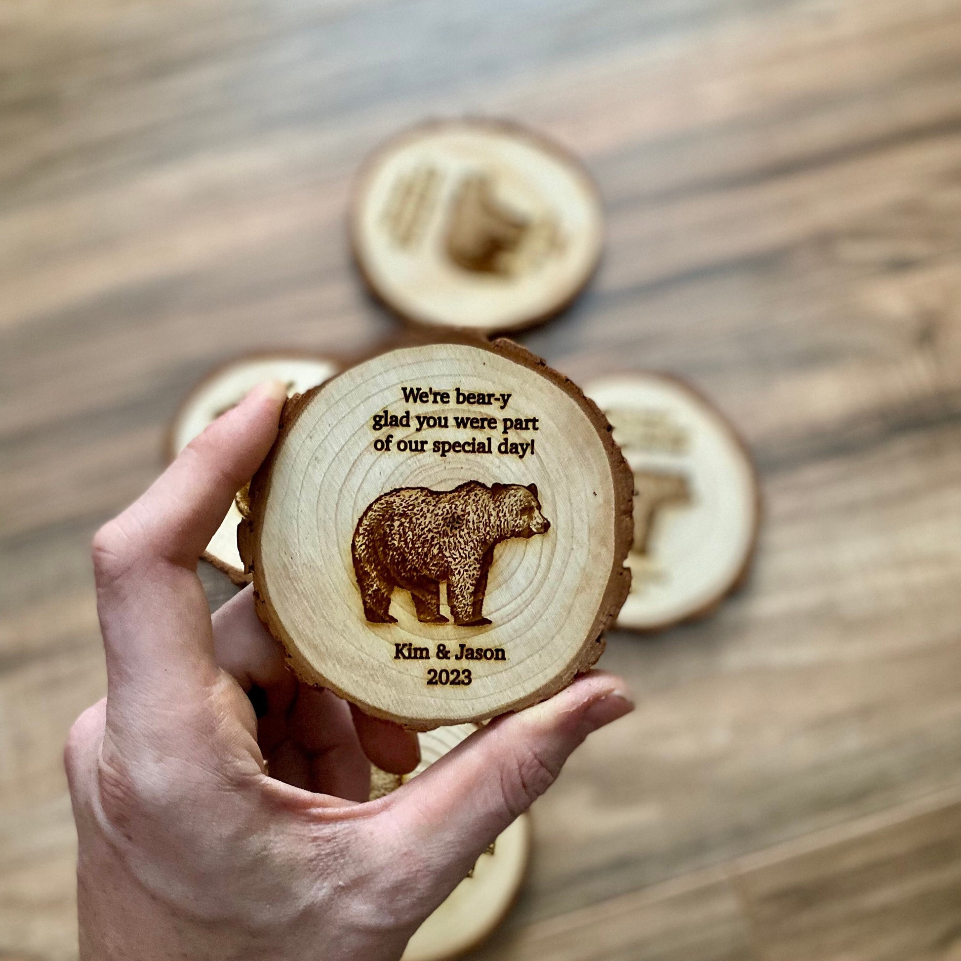 Custom Wood Slice Wedding Favors - Laser Engraved with Couple's Names, Wedding Date, & Bear