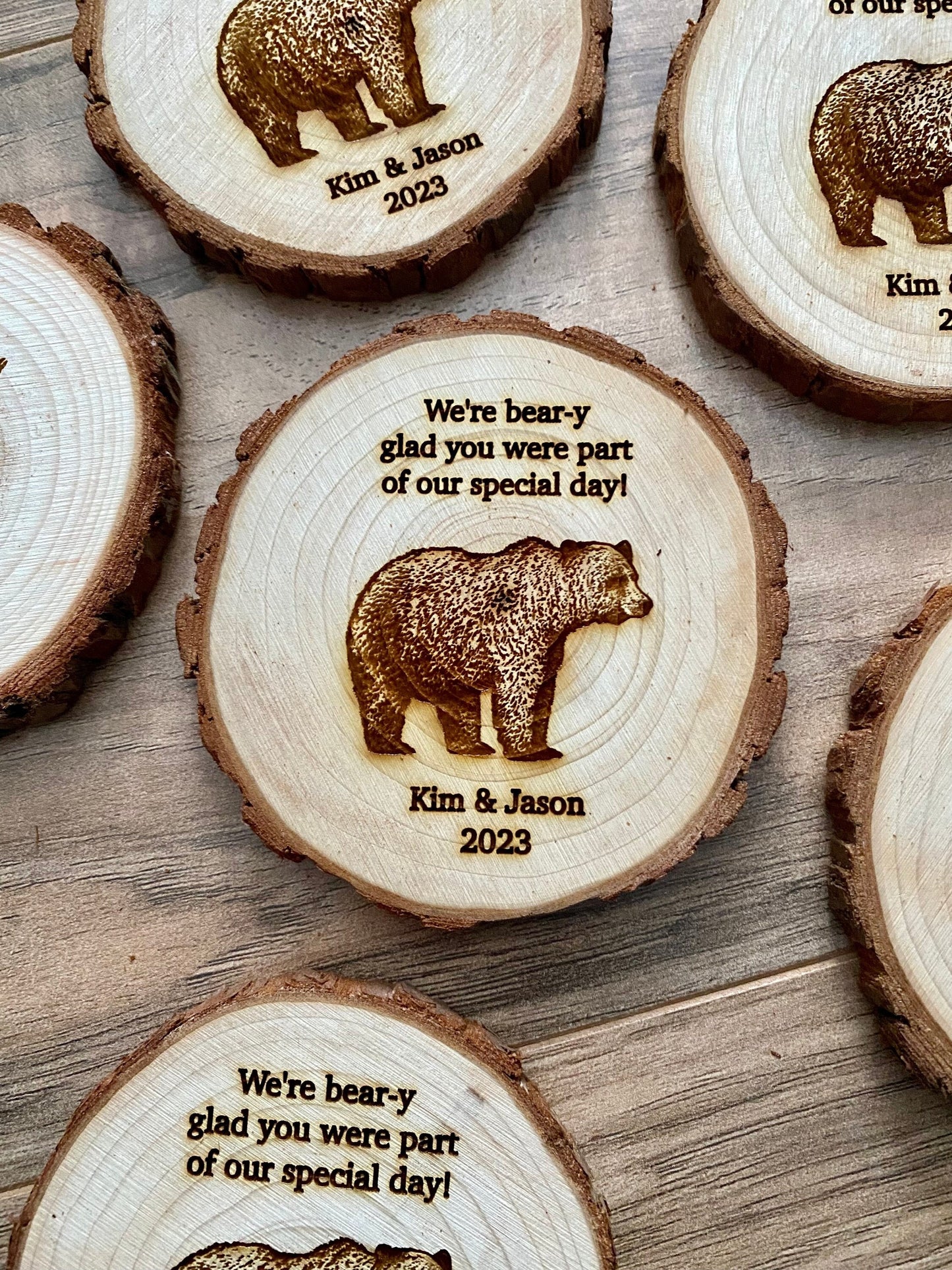 Custom Wood Slice Wedding Favors - Laser Engraved with Couple's Names, Wedding Date, & Bear