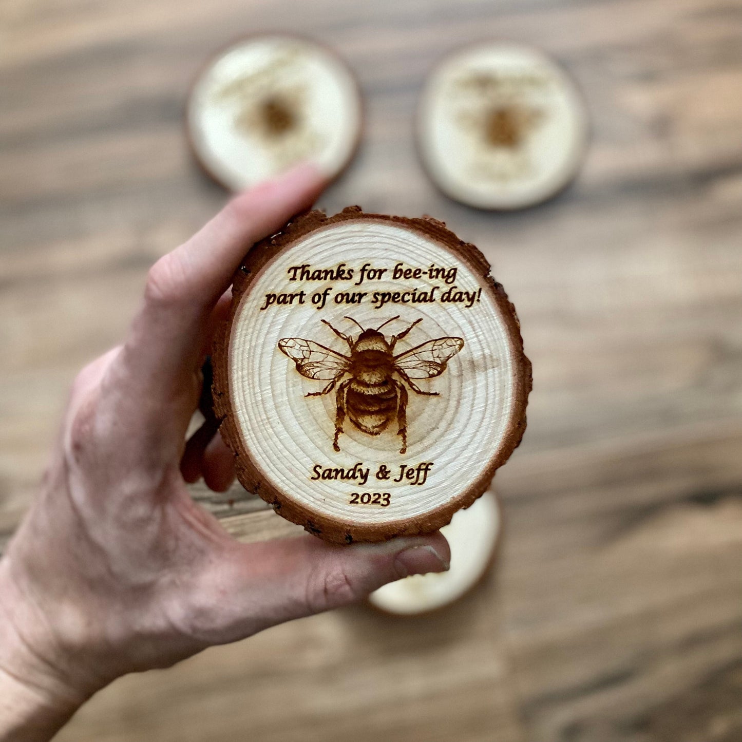 Custom Wood Slice Wedding Favors - Laser Engraved with Couple's Names, Wedding Date, & Bee