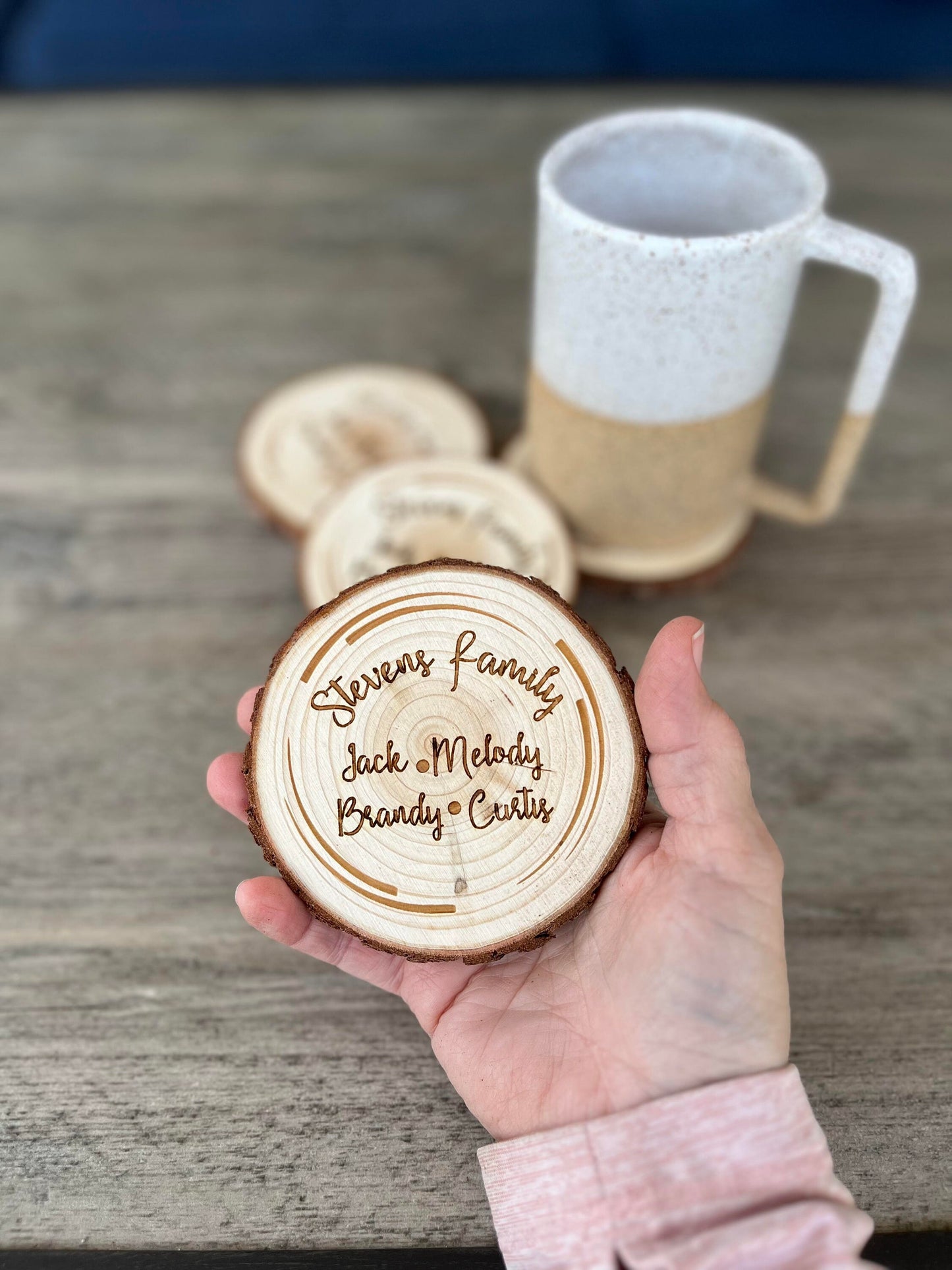 Family Name Wood Coaster Set - Engraved Wood Family Name Coasters - Perfect Wedding, Engagement, Anniversary, or Christmas Present