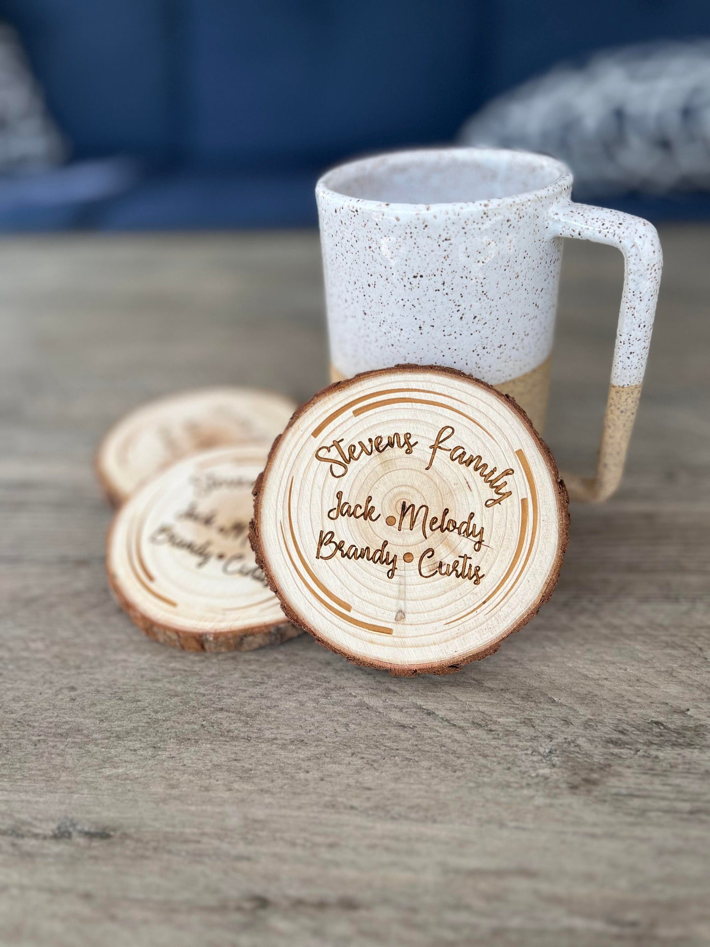 Family Name Wood Coaster Set - Engraved Wood Family Name Coasters - Perfect Wedding, Engagement, Anniversary, or Christmas Present