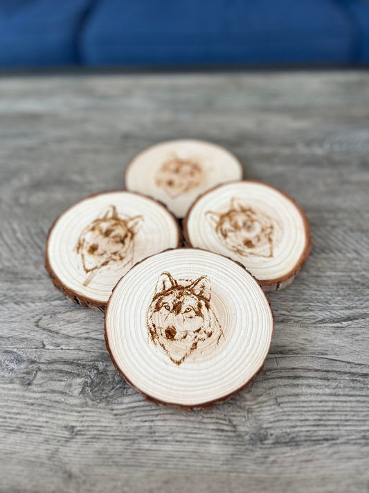 Wolf Engraved Wood Coaster Set - Perfect Gift for Wedding, Engagement, Anniversary, or Christmas