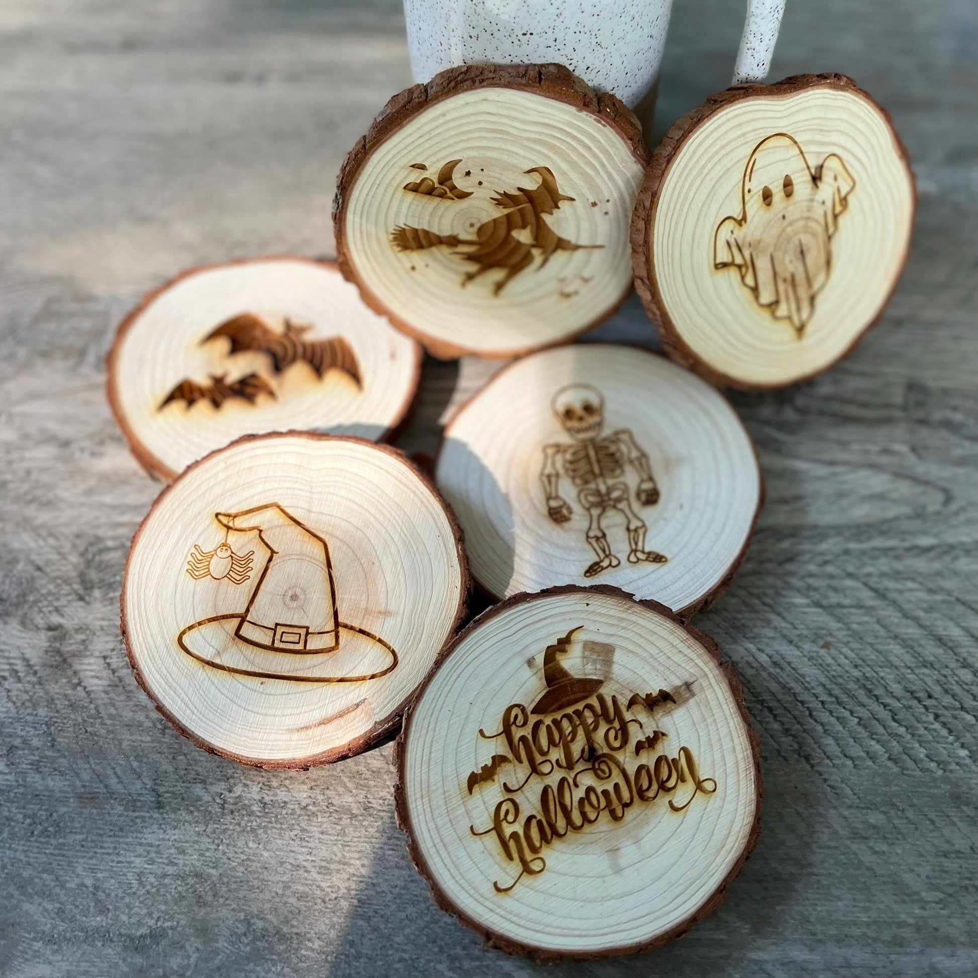 Halloween Mix and Match Coaster Set - Choose from Halloween-themed Wood Slice Coaster Designs