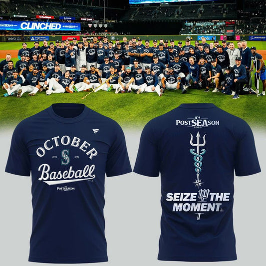 Special New October Baseball Post Season 2025 Seize The Moment Tridient Vintage Logo T-Shirt