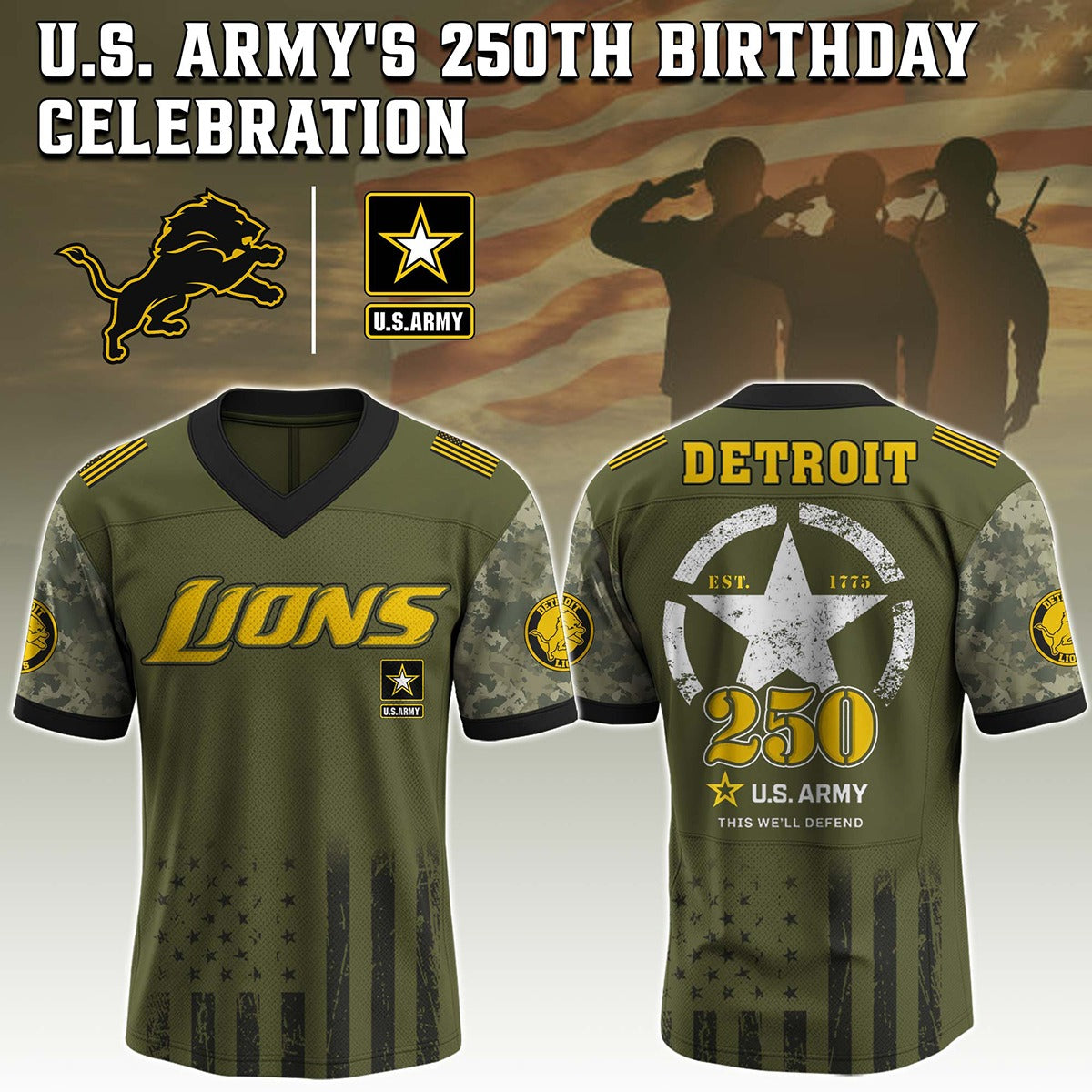Detroit Lions x U.S. Army – 250th Anniversary Tribute Jersey-V-neck Short Sleeve Jersey