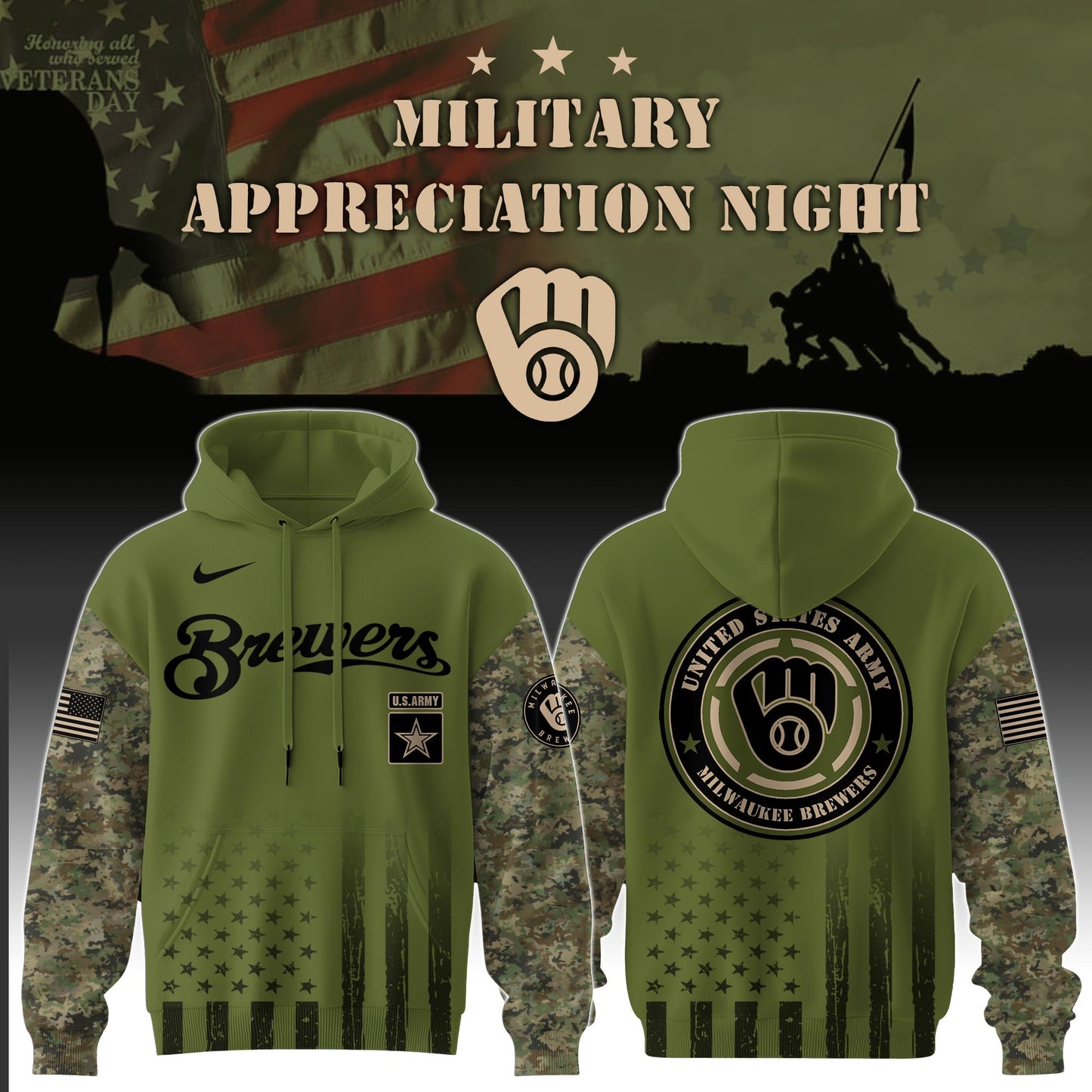 _Milwaukee Brewers x MLB x Army Military Appreciation Night Hoodie Editions Limited