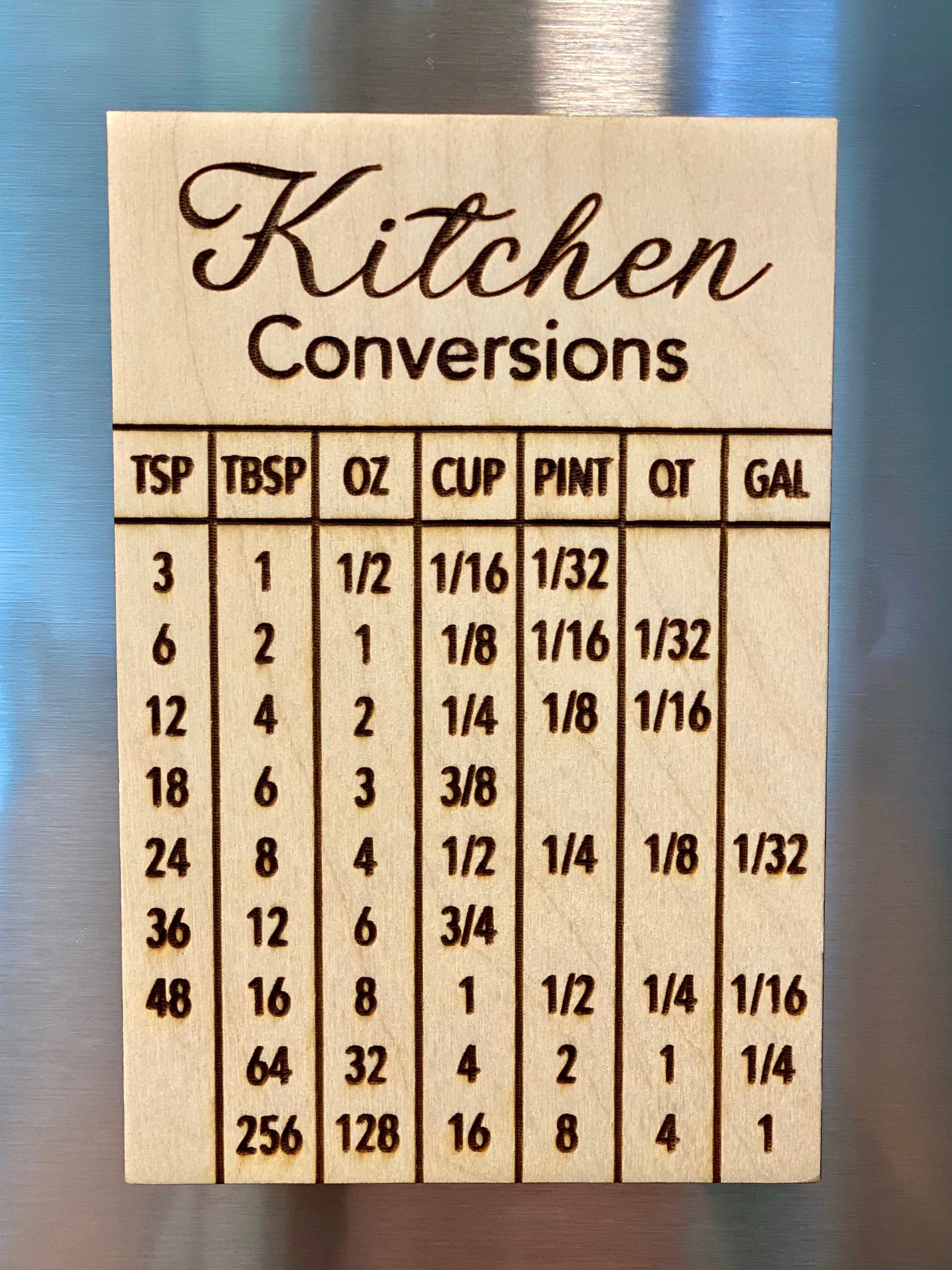 Kitchen Conversion Refrigerator Magnet - Engraved Wood Kitchen Measurement Conversion Chart