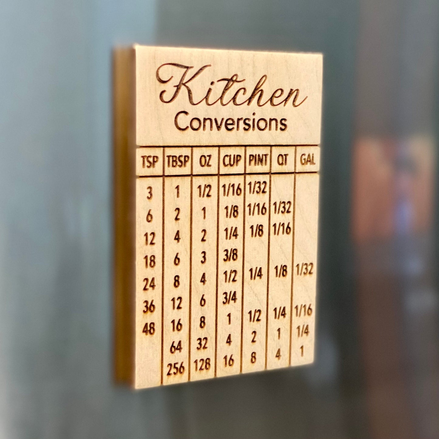 Kitchen Conversion Refrigerator Magnet - Engraved Wood Kitchen Measurement Conversion Chart