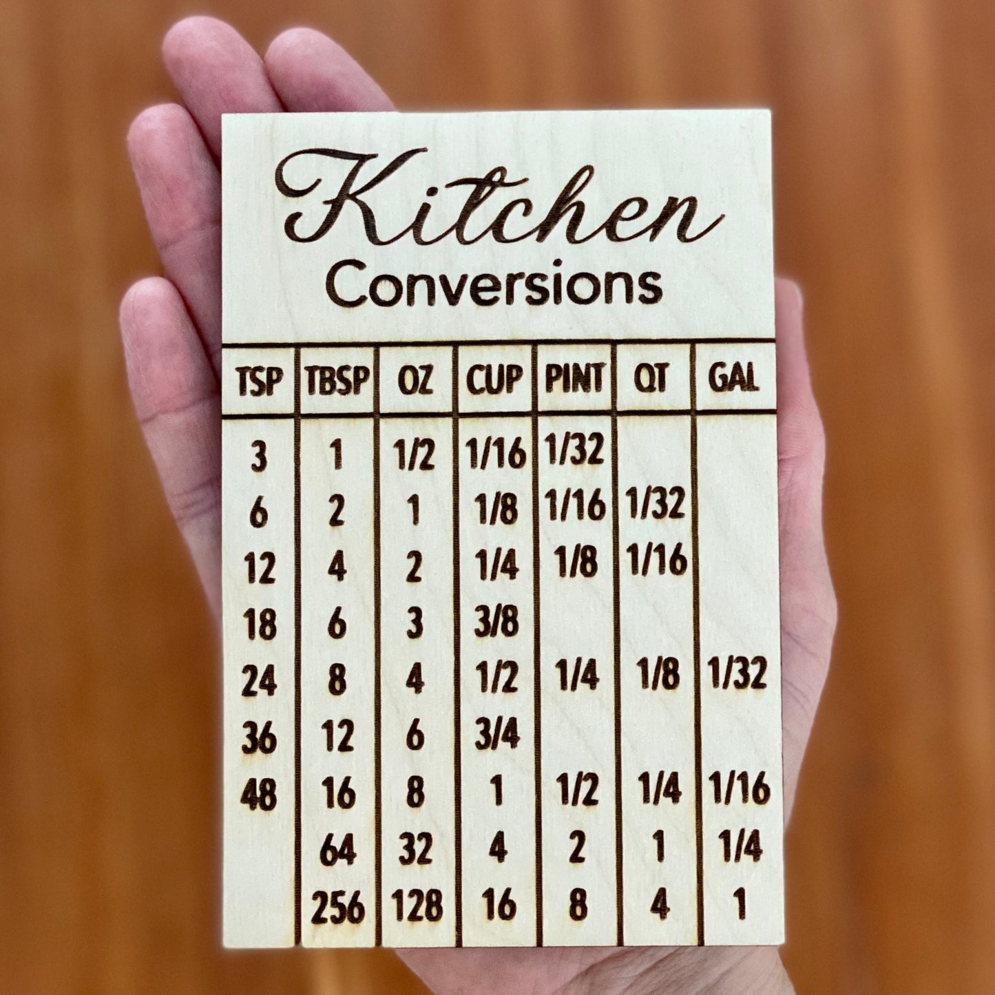 Kitchen Conversion Refrigerator Magnet - Engraved Wood Kitchen Measurement Conversion Chart