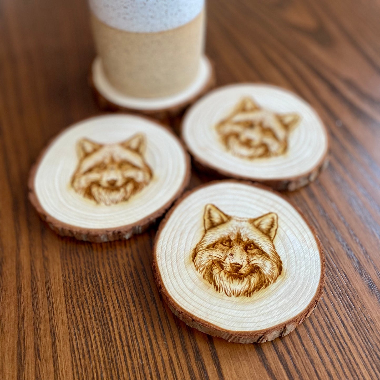Fox Engraved Wood Coasters - Wooden Fox Wedding Favors