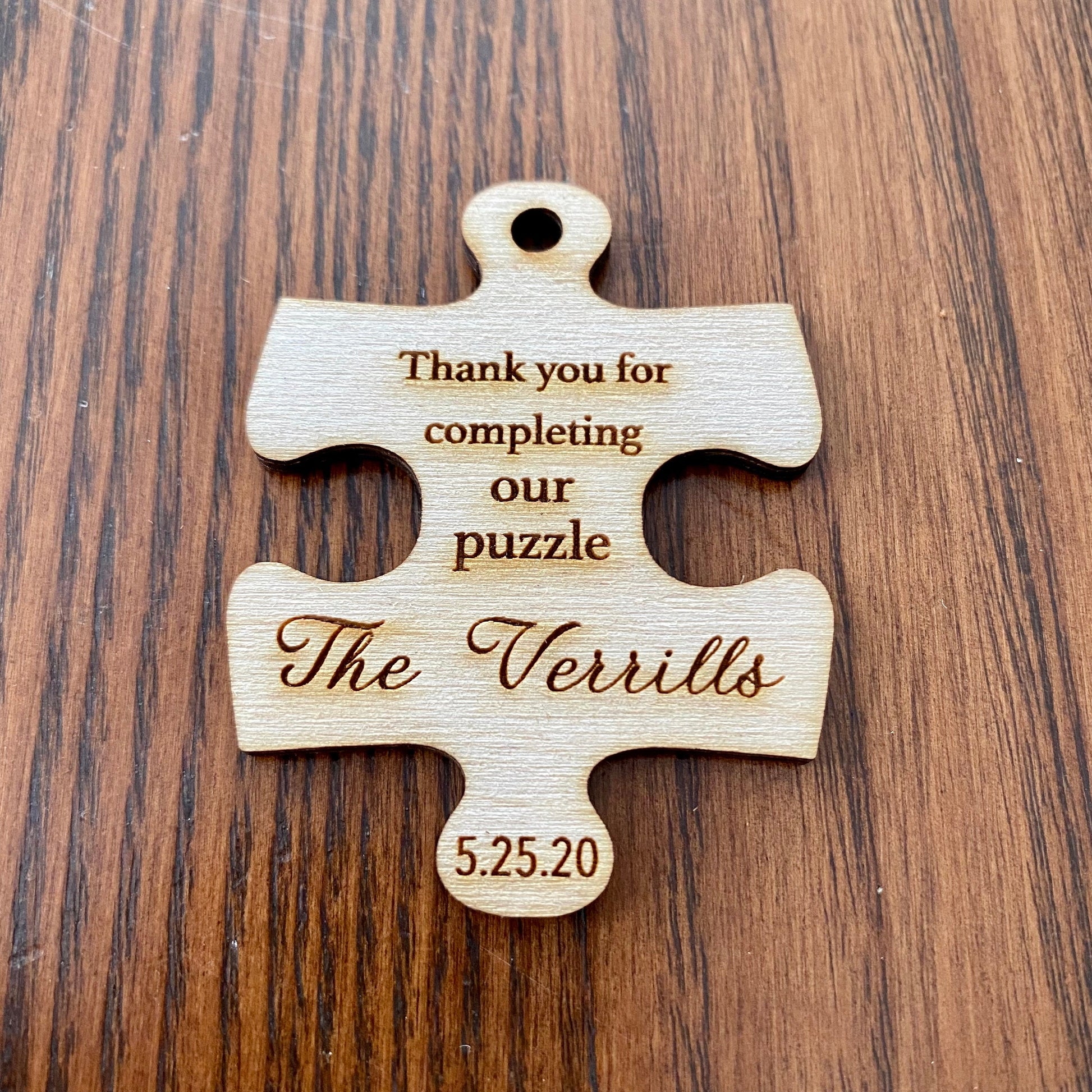 Wooden Puzzle Piece Wedding Favor - Laser Engraved with Name, Date, & Optional Magnet