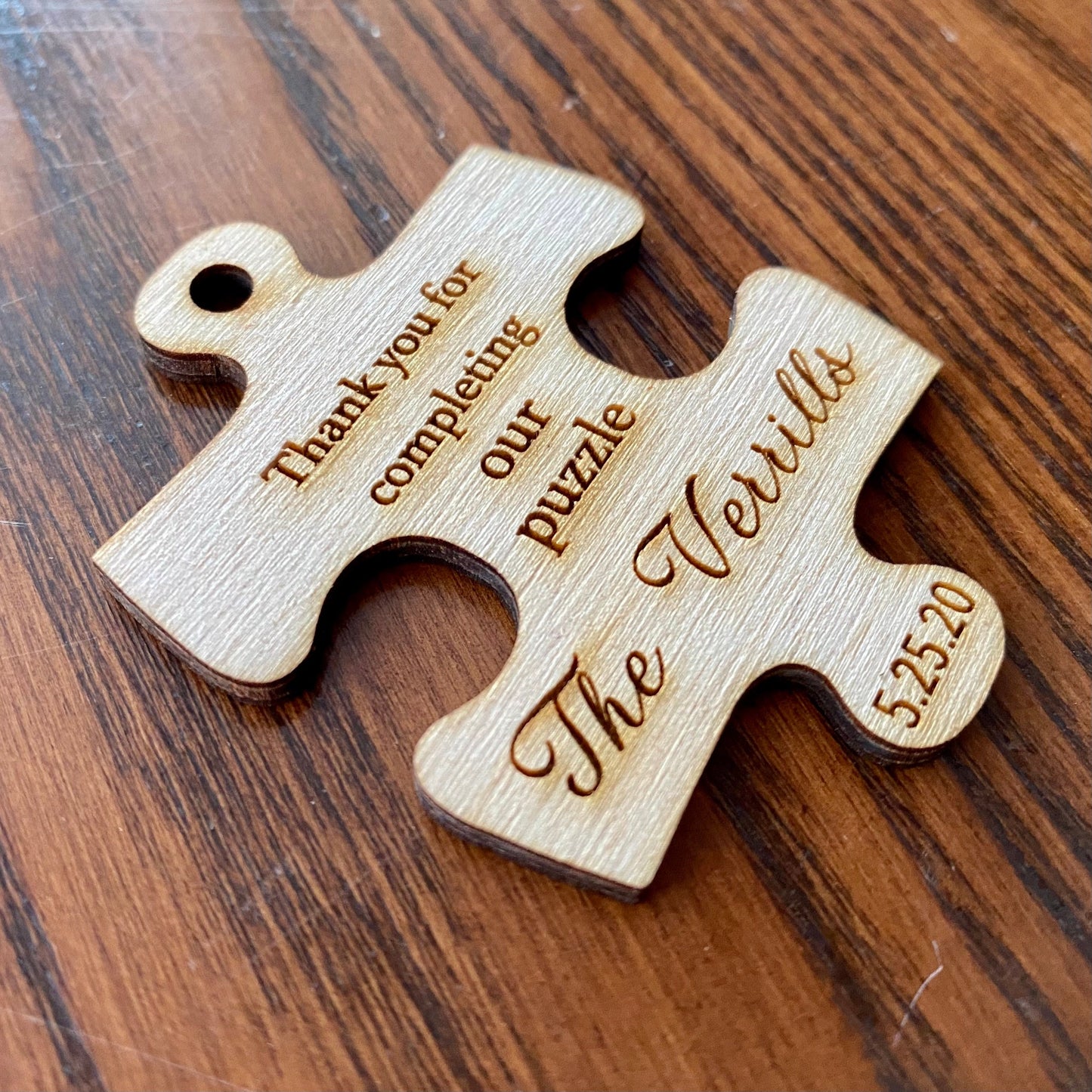 Wooden Puzzle Piece Wedding Favor - Laser Engraved with Name, Date, & Optional Magnet