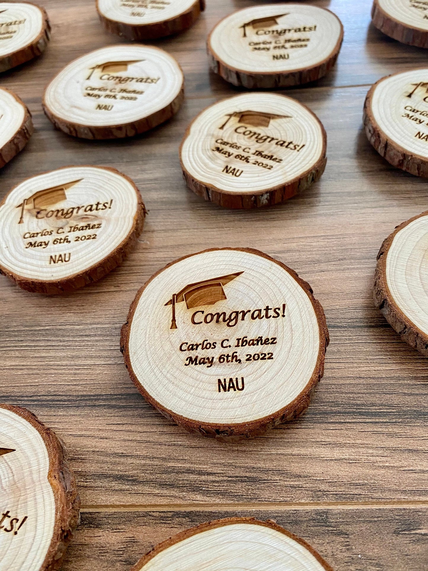 Wooden Graduation Favor or Save The Date - Laser Engraved Wood Slice with Name, Graduation Year, & Magnet