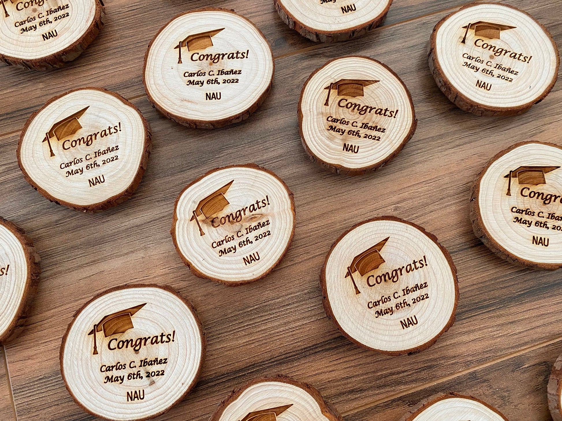Wooden Graduation Favor or Save The Date - Laser Engraved Wood Slice with Name, Graduation Year, & Magnet