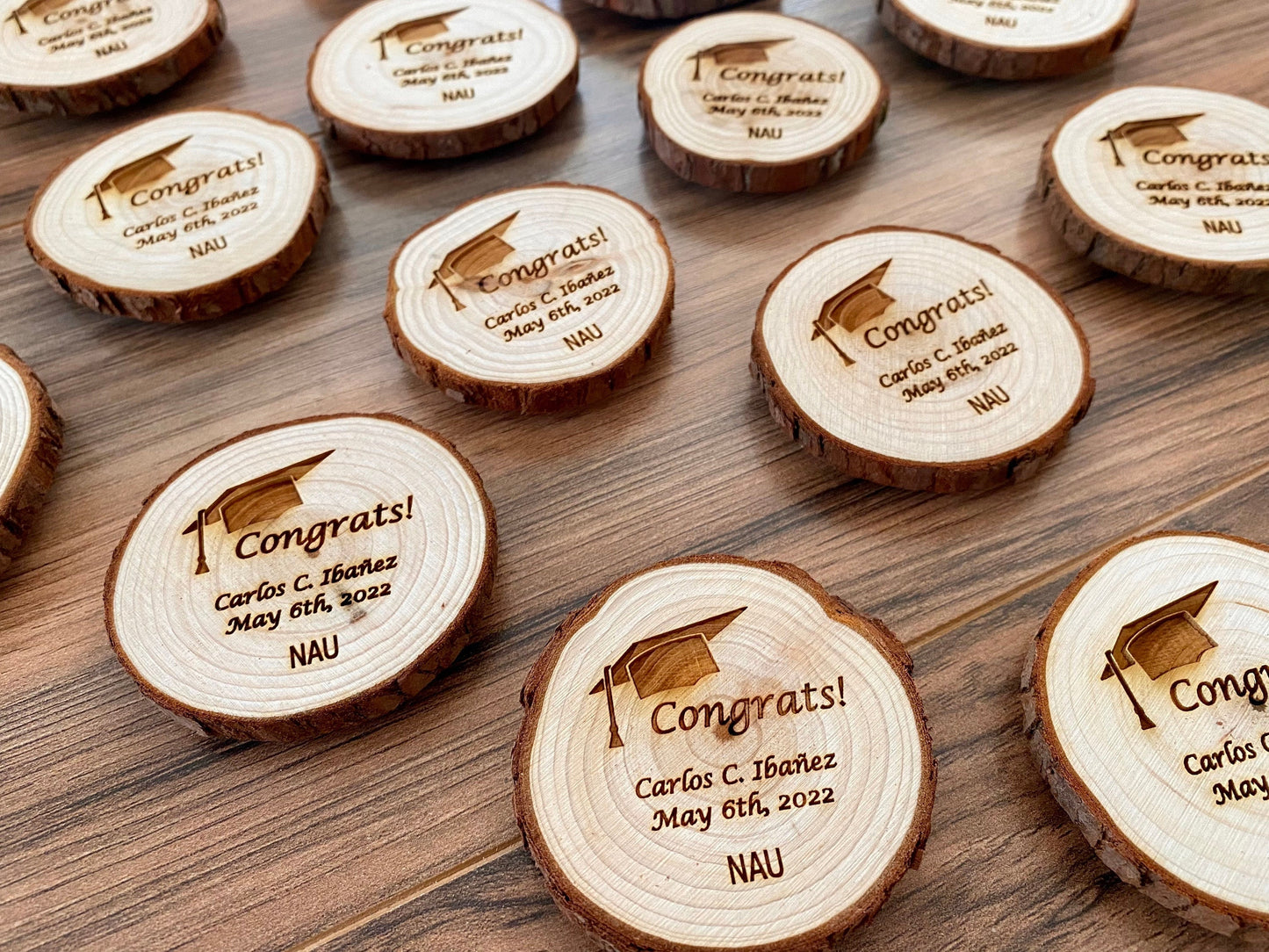 Wooden Graduation Favor or Save The Date - Laser Engraved Wood Slice with Name, Graduation Year, & Magnet