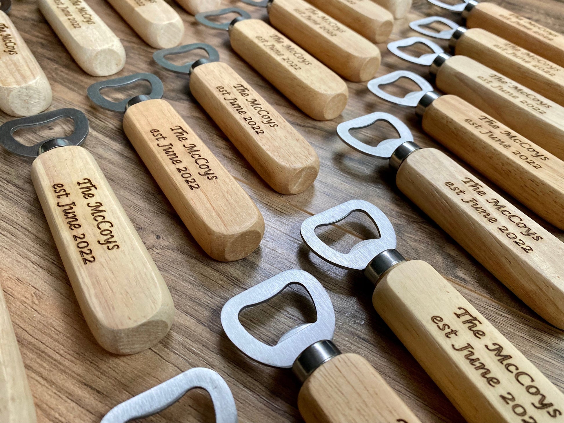 Wood Bottle Opener Wedding Favor - Laser Engraved with Names and Date - Stainless Steel and Wood Construction