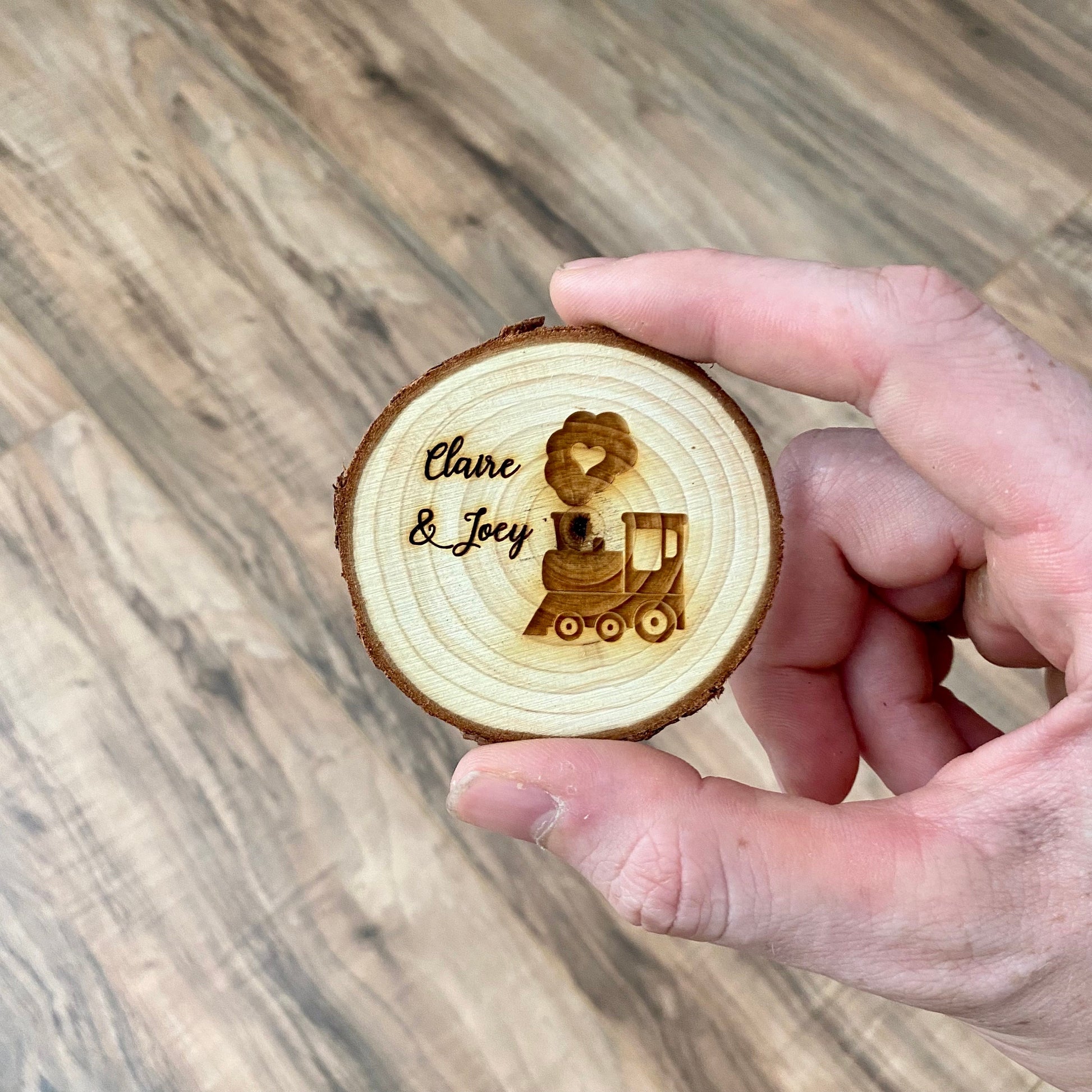Engraved Wood Slice Wedding Favor or Save The Date - Laser Engraved with Train, Names, & Magnet