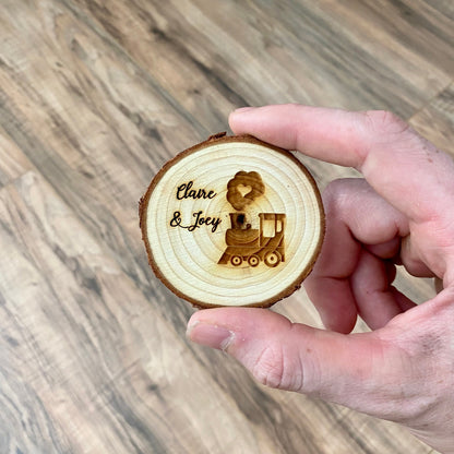 Engraved Wood Slice Wedding Favor or Save The Date - Laser Engraved with Train, Names, & Magnet