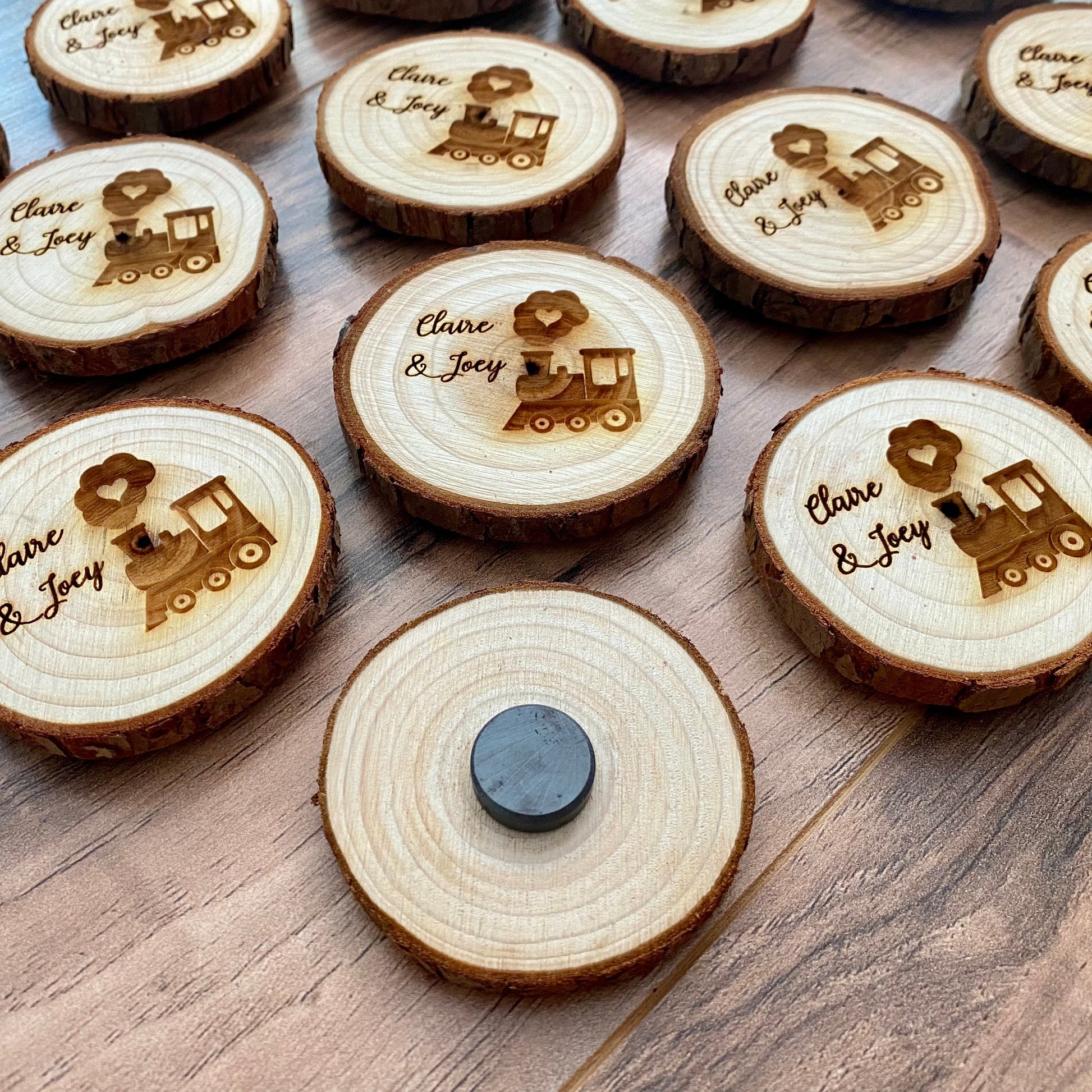 Engraved Wood Slice Wedding Favor or Save The Date - Laser Engraved with Train, Names, & Magnet