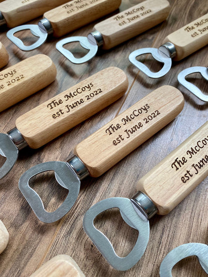 Wood Bottle Opener Wedding Favor - Laser Engraved with Names and Date - Stainless Steel and Wood Construction