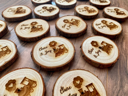 Engraved Wood Slice Wedding Favor or Save The Date - Laser Engraved with Train, Names, & Magnet