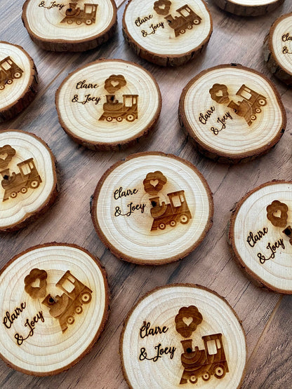 Engraved Wood Slice Wedding Favor or Save The Date - Laser Engraved with Train, Names, & Magnet