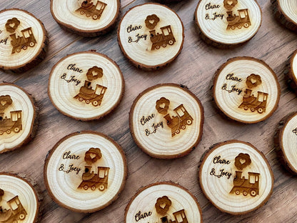 Engraved Wood Slice Wedding Favor or Save The Date - Laser Engraved with Train, Names, & Magnet