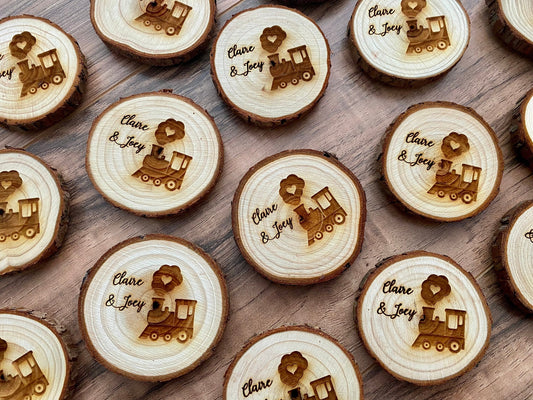 Engraved Wood Slice Wedding Favor or Save The Date - Laser Engraved with Train, Names, & Magnet