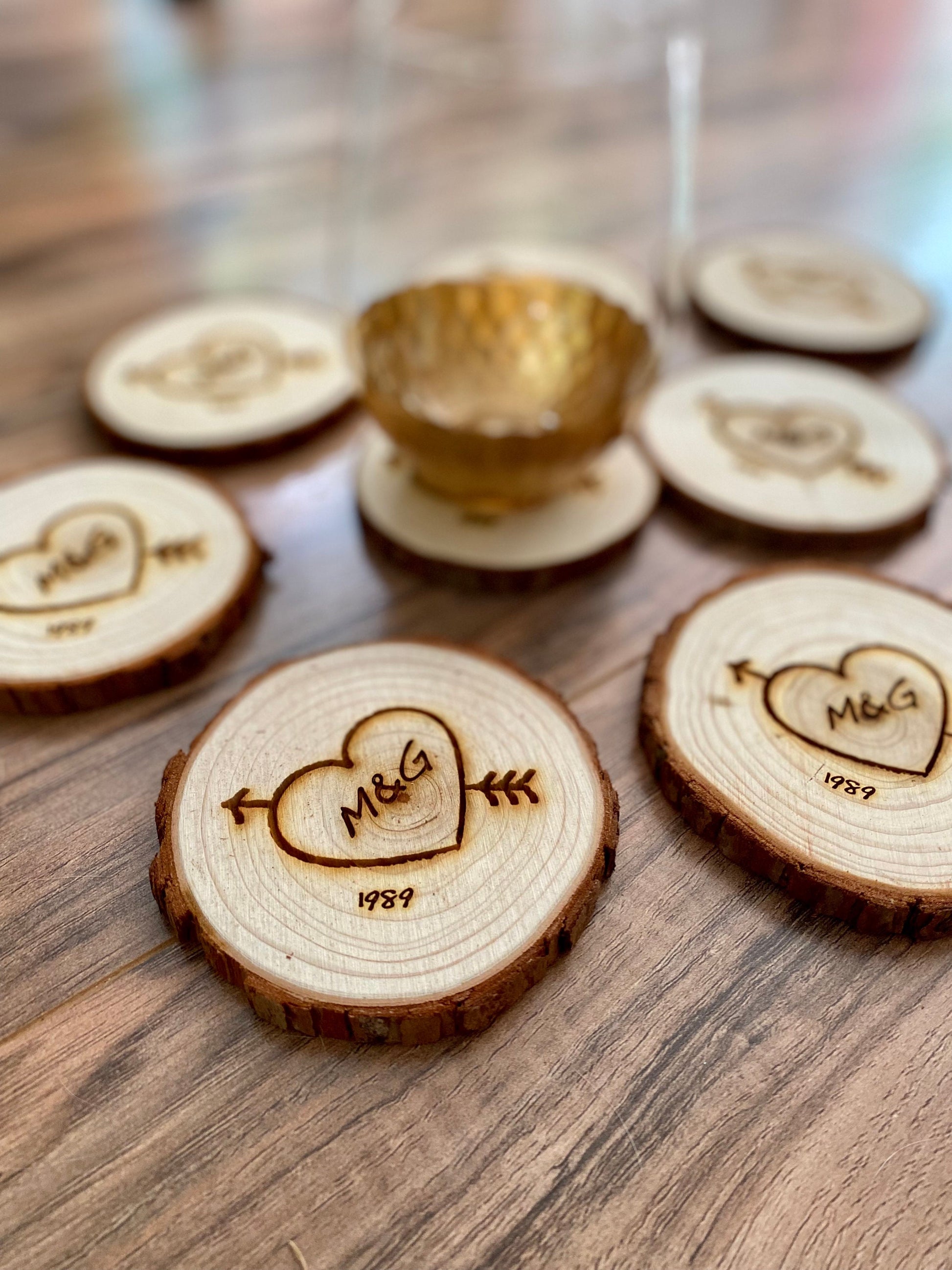 Custom Wood Slice Wedding Favors - Laser Engraved with Heart, Couple's Initials, & Wedding Date or Year.