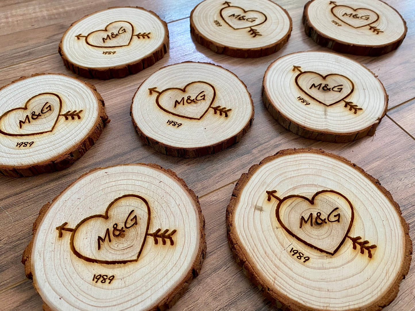 Custom Wood Slice Wedding Favors - Laser Engraved with Heart, Couple's Initials, & Wedding Date or Year.