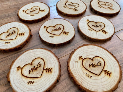 Custom Wood Slice Wedding Favors - Laser Engraved with Heart, Couple's Initials, & Wedding Date or Year.