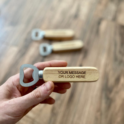 Engraved Wood Bottle Opener - Laser Engraved with Custom Message or Logo - Stainless Steel and Wood Construction