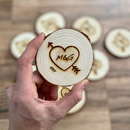Custom Wood Slice Wedding Favors - Laser Engraved with Heart, Couple's Initials, & Wedding Date or Year.